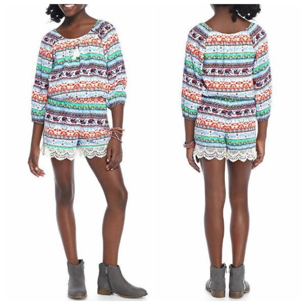 My Michelle Girls Shorts Romper Boho Crochet Trim 3/4 Sleeve Size 14 NWT